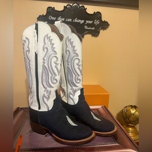 LUCCHESE 1883 Exotic Stingray Blue And White COWBOY BOOTS w/ Box - Size 6B